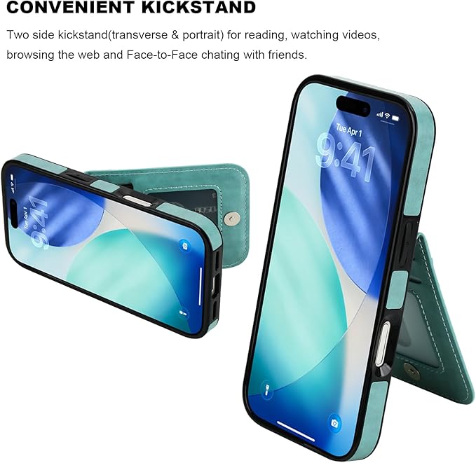 KIHUWEY Compatible with iPhone 17 Case Wallet with Credit Card Holder, Flip Premium Leather Magnetic Clasp Kickstand Heavy Duty Protective Cover for iPhone 17 6.3 Inch (Mint Green)