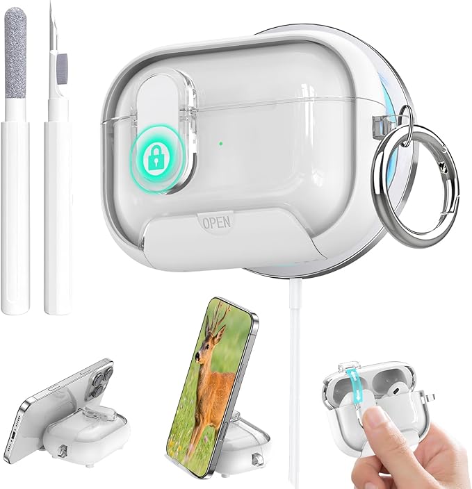 for Airpods Pro 3 Case Clear,Secure Lock for Airpods pro 3rd Generation Case Cover with Phone Stand and Magsafe Function,Auto Pop-up,Hybrid Protection Design with Carabiner&Cleaning Pen-White