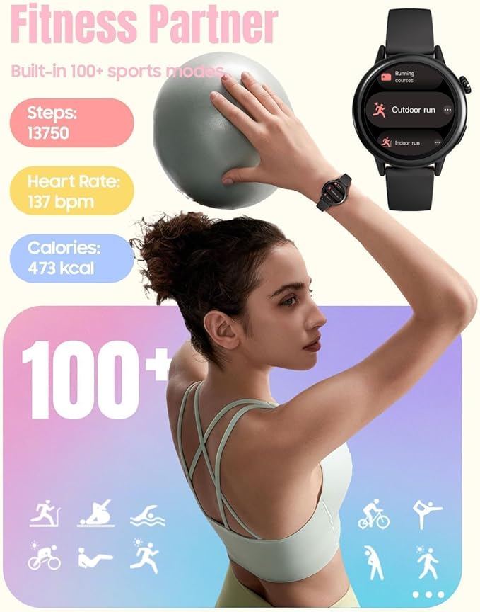TOOBUR Petite Smart Watch for Women, 1.1'' AMOLED Screen Smartwatch, Compatible Android & iOS Phones, Answer/Make Calls, Fitness Tracker with Heart Rate/Step/Calories Monitor, 100+ Sports Modes, Black