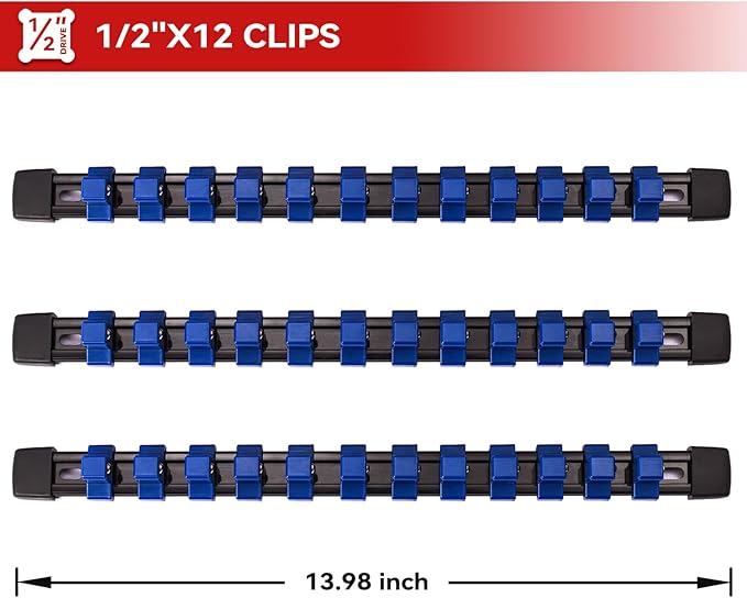 ALOANES 3PC ABS Socket Organizer, Socket Rails Fit 1/2 inch Drive, Heavy Duty Socket Holders Hold up to 36 Sockets, Black Rails with Blue Clips