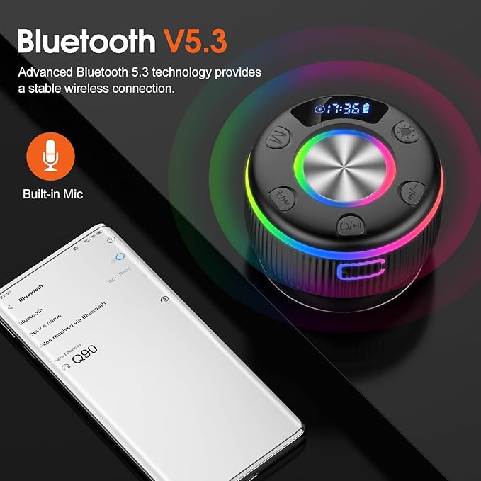 Bluetooth Shower Speaker, IP7 Waterproof Portable Bluetooth 5.3 Speakers with Suction Cup, Mini Wireless Speaker with RGB Lights Time Display, Loud Stereo Sound for Bathroom Beach Travel Outdoor Party
