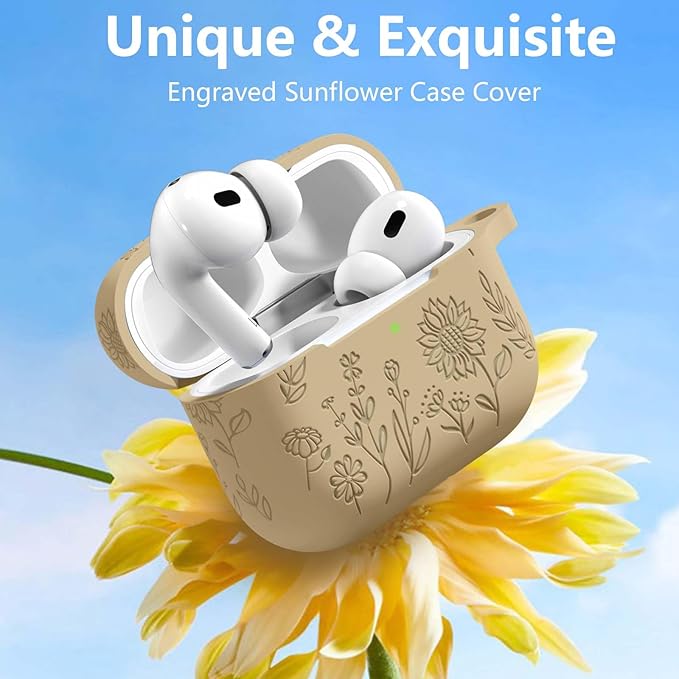 Flower Engraved Case for AirPods Pro 2 Gen with Clean Kit & Keychain, Soft Silicone Protective AirPods Pro 2 Case Cover for Apple AirPods Pro 2nd/1st Generation, Front LED Visible, Milk Tea