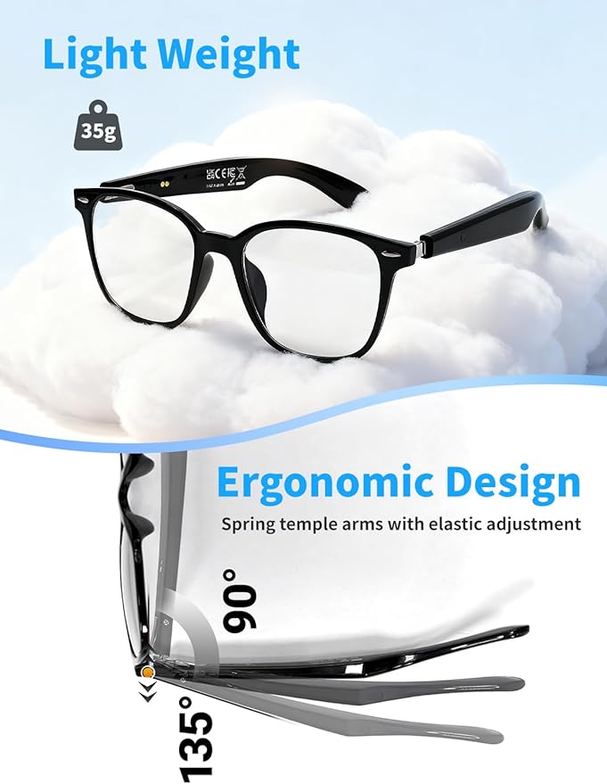 Smart Glasses for Men & Women, AI Smart Glasses with Translation Open-Ear Speaker Blue Light Blocking Glasses Lenses Hands-Free Calls Music for Driving, Travel, Work