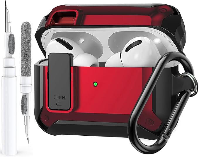 for Airpods Pro 2/1 Gen Case Cover with Lock (2019/2022/2023), Rugged Locking Case for Airpod Pro 2nd/1st Generation Shockproof Armor Protective Skin for Apple iPod Pro - Black/Red