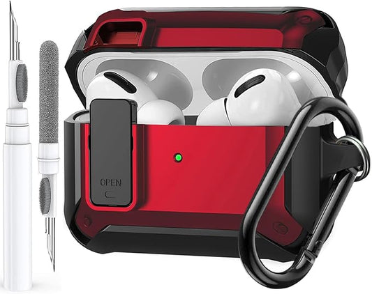 for Airpods Pro 2/1 Gen Case Cover with Lock (2019/2022/2023), Rugged Locking Case for Airpod Pro 2nd/1st Generation Shockproof Armor Protective Skin for Apple iPod Pro - Black/Red