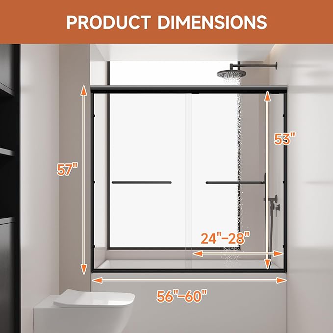 Bathtub Shower Door, 50-60" W x 57" H Shower Glass Door, Semi-Frameless Double Sliding Bathroom Tub Shower Door with 1/4 inch Clear Tempered Glass, Black