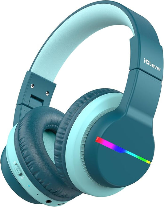 iClever BTH12 Kids Bluetooth Headphones,Colorful LED Lights Wireless Kids Headphones,74/85dBA Safe Volume,85H Playtime,Bluetooth 5.2,Over Ear Headphones Built-in Mic for iPad/Tablet/Airplane,Green