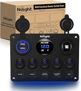 Nilight 5 Gang Multi-Function Rocker Switch Panel On Off Toggle Blue - Image 1