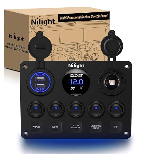 Nilight 5 Gang Multi-Function Rocker Switch Panel On Off Toggle Blue