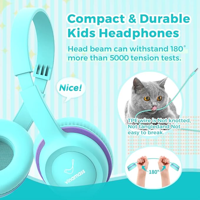 Kids Headphones, Wired Headphones for Kid with Safe Volume Limiter, Kid Headphone with Cord 3.5mm Jack, On-Ear Girls Boys Toddler Headphone for School ﻿