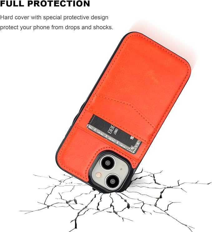 KIHUWEY Compatible with iPhone 15 Case Wallet with Credit Card Holder, Flip Premium Leather Magnetic Clasp Kickstand Heavy Duty Protective Cover for iPhone 15 6.1 Inch (Orange)