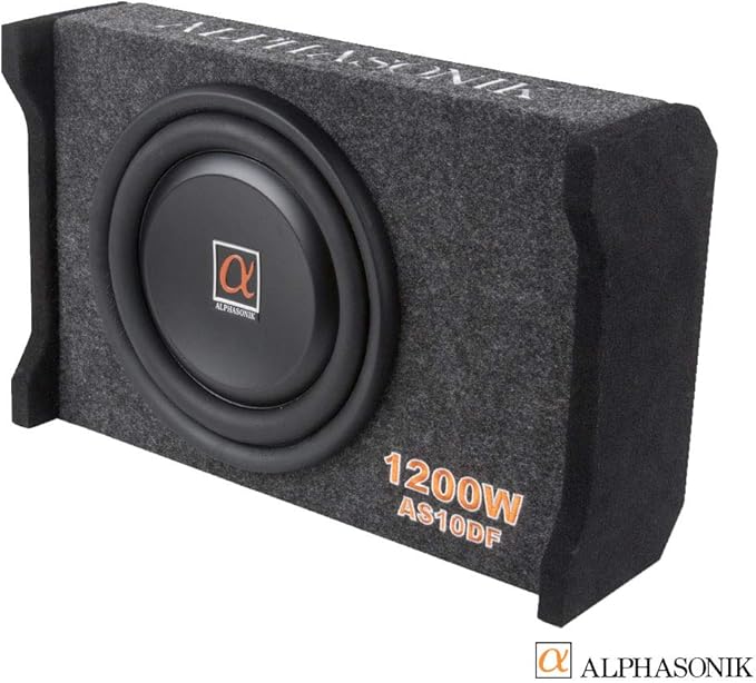Alphasonik AS10DF 10" 1200 Watts 4-Ohm Down Fire Shallow Mount Flat Enclosed Sub woofer for Tight Spaces in Cars and Trucks, Slim Thin Loaded Subwoofer Air Tight Sealed Bass Enclosure