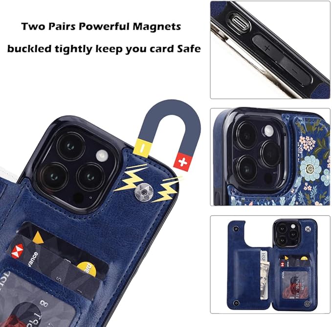 uCOLOR Compatible with iPhone 14 Pro 6.1 Inch Wallet Case with Card Holder Folio Flip PU Leather Kickstand Card Slots Case Double Magnetic Clasp and RFID Blocking Cover (Navy Blue Flowers)