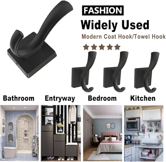 Black Hooks for Wall Towel Hooks, Heavy Duty Thick Aluminum Alloy Entryway Coat Hooks for Hanging Key Robe Hat Backpack, Wall Mount Towel Hooks Bath Kitchen Garage Hooks(4 Pack, Black)
