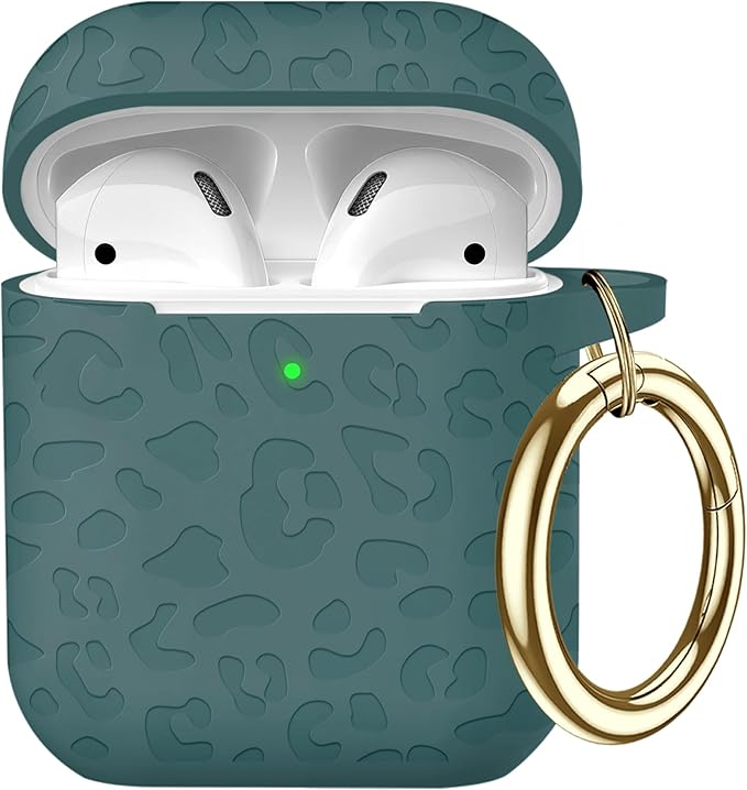 Compatible with Airpods Case Leopard Engraved Skin Cover Compatible with Airpods 2nd/1st Charging Case,Cute Soft Silicone Full Protective, Front LED Visible, Front LED Visible, Pine Green