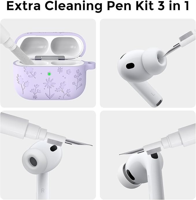 AhaStyle AirPods Pro 3 Case Cover (2025) Flower Engraved Cute Silicone AirPods Pro 3rd Generation Case Full Body Shockproof Cover Skin for Apple AirPods Pro 3rd Gen with Cleaning Kit for Women Girls