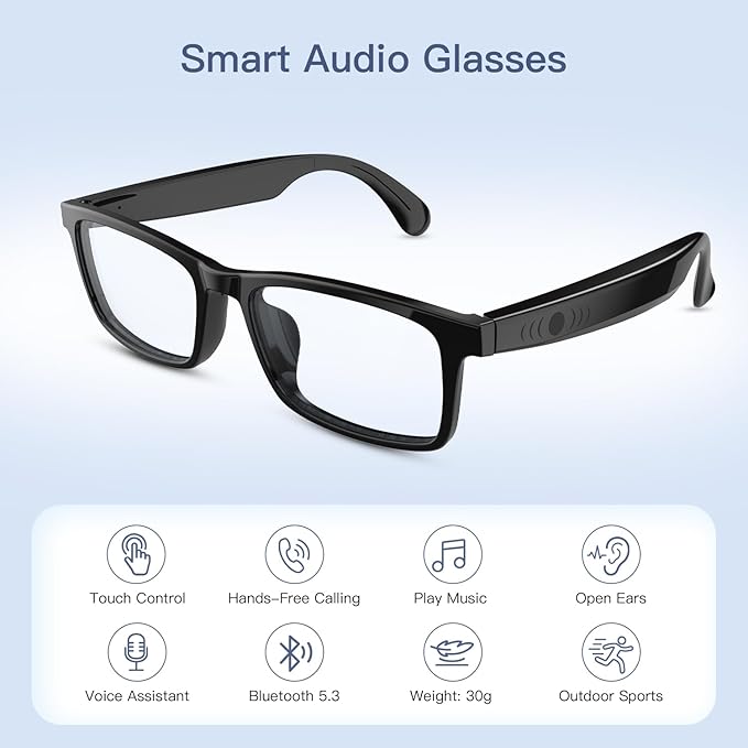 Smart Glasses, Anti-Blue Light Bluetooth Glasses, Built-in Mic and Speakers, Open Ear Music and Hands-Free Calls, Touch and Voice Assistant Compatibility, 100h Long Battery Standby Time