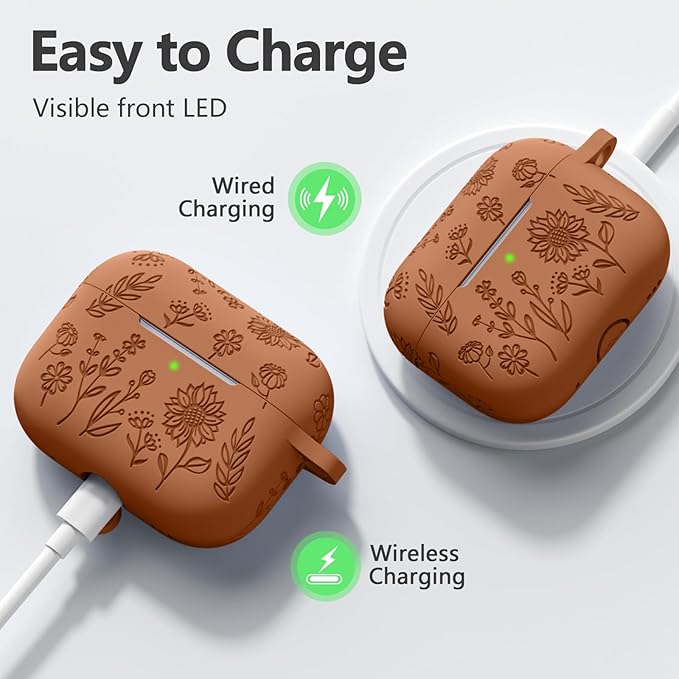 Flower Engraved Case for AirPods Pro 2 Gen with Clean Kit & Keychain, Soft Silicone Protective AirPods Pro Case Cover for Apple AirPods Pro 2nd/1st Generation,Front LED Visible, Reddish Brown