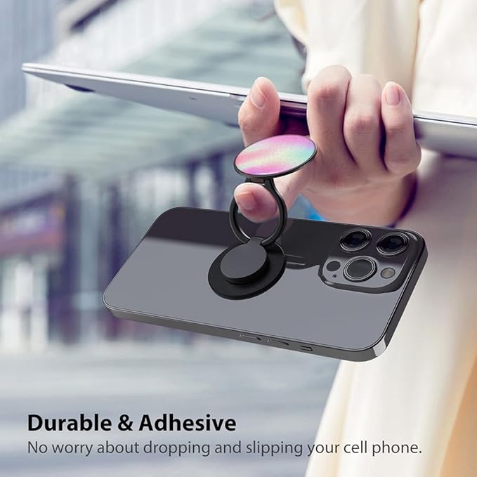Phone Grip, Phone Ring Holder Finger Kickstand, 360°Rotation & Adjustable Metal Cell Phone Rings Gripper Stand Work with Magnetic Car Mount for iPhone Samsung & Other Phones - Rainbow