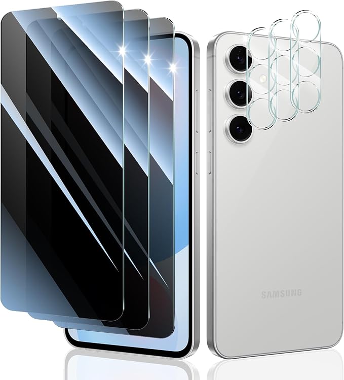 Privacy Screen & Camera Lens Protector for Samsung Galaxy S24 FE, Anti-Spy Tempered Glass, Dark Private Black Protection, 9H Hardness Anti-Scratch 2.5D Curved Edges Case-Friendly, 3 Pack Each