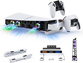 NexiGo Slim Horizontal Stand for PS5 with Charging Station for Dual_Sense&Dual_Sense Edge Controllers,Silent Cooling Fan w/Intelligent Temperature Control, LED Indicators, White - Image 1
