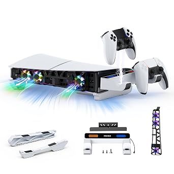 NexiGo Slim Horizontal Stand for PS5 with Charging Station for Dual_Sense&Dual_Sense Edge Controllers,Silent Cooling Fan w/Intelligent Temperature Control, LED Indicators, White