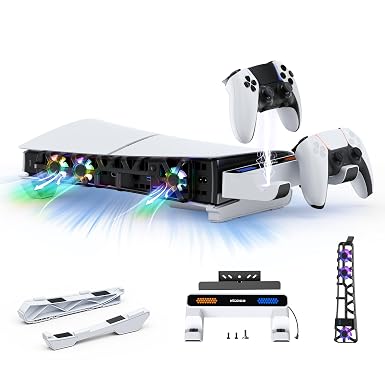 NexiGo Slim Horizontal Stand for PS5 with Charging Station for Dual_Sense&Dual_Sense Edge Controllers,Silent Cooling Fan w/Intelligent Temperature Control, LED Indicators, White