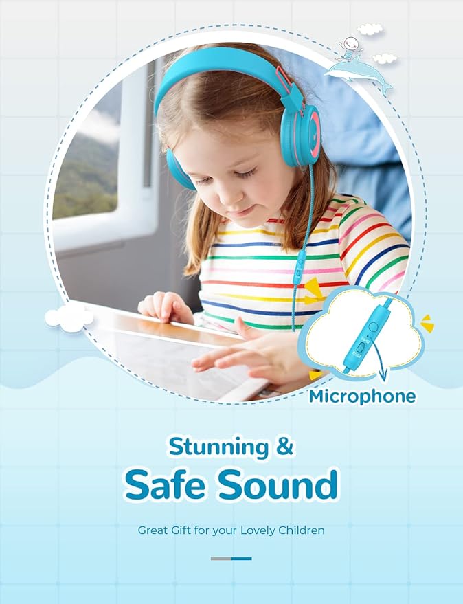 iClever Kids Headphones with Cord, 85/94dB Safe Volume Tech, Bending Resistance Durable, Foldable, Stereo Sound 3.5mm Jack Wired Headphones for Kids Boys Girls Tablet/Travel/School, HS14 Blue Pink