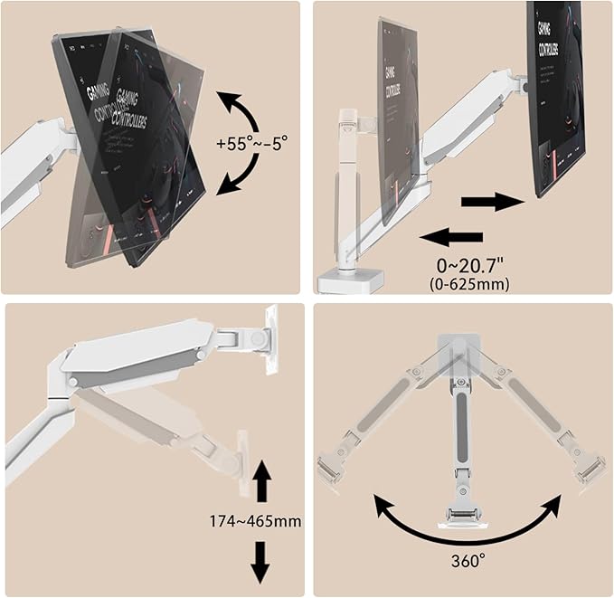 White 42 45 Premium Aluminum Heavy Duty Monitor Arm, Fits Ultrawide up to 49 inches and 44 lbs Single Desk Mount Stand, Pneumatic Height Adjustable, Max VESA 100x100, A9W