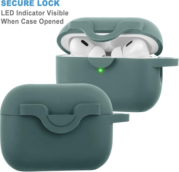 Secure Lock Case for Airpods Pro 2 Case with Cute Bling Keychain, Silicone Protective Case Cover for Airpods Pro 2nd Generation Case Women Girls - Pine Green