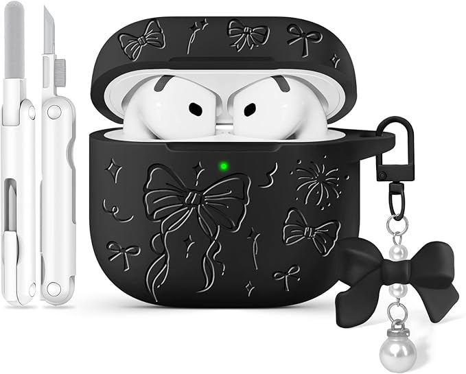 for Airpods 4 Case Cover, Joremx Cute Bow Engraved Silicone Protective Case Cover with Keychain, Cleaner Kit for AirPods 4th Generation Case 2024 (Black)