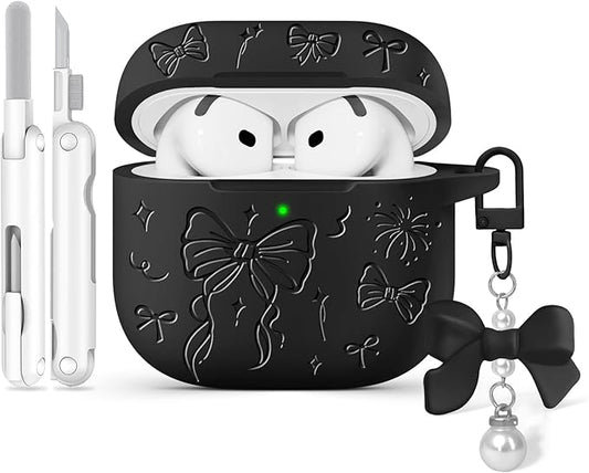 for Airpods 4 Case Cover, Joremx Cute Bow Engraved Silicone Protective Case Cover with Keychain, Cleaner Kit for AirPods 4th Generation Case 2024 (Black)