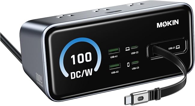 MOKiN 100W Max Charging Station with Retractable Cord, 8-in-1 Power Strip