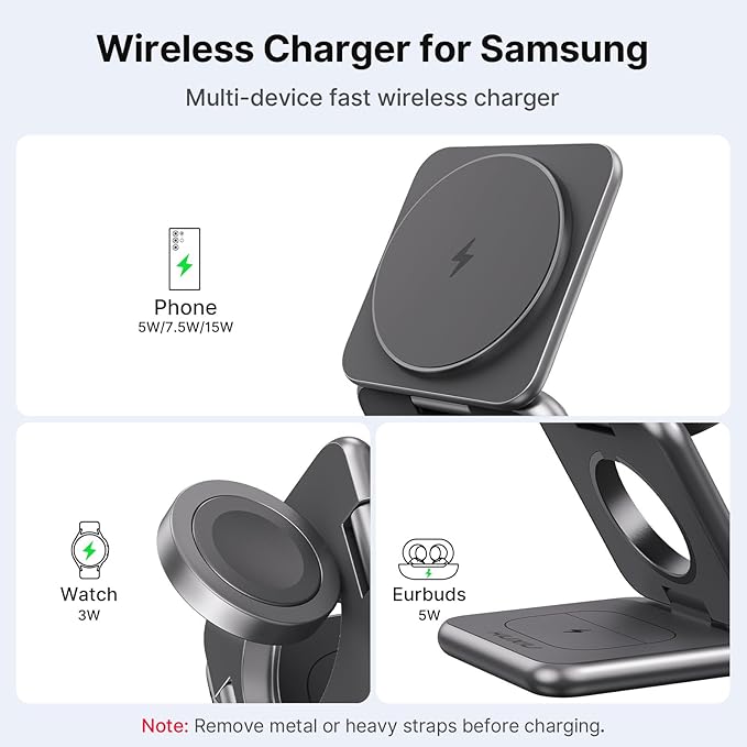 KU XIU Wireless Charger for Samsung,Aluminum Alloy Foldable 3 in 1 Wireless Charging Station for Galaxy S26 S25 Ultra S24 S23 Note Z Fold 7 Flip/Buds,Fast Charger for Galaxy Watch Ultra 8 7 6 5