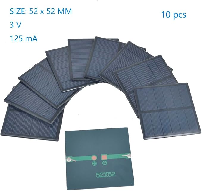 Ailejia 10pcs Mini High Efficiency Polycrystalline Solar Panel 3V 125mA 52mm x 52mm/2" x 2" for DIY Solar Light Phone Charger Flashlight
