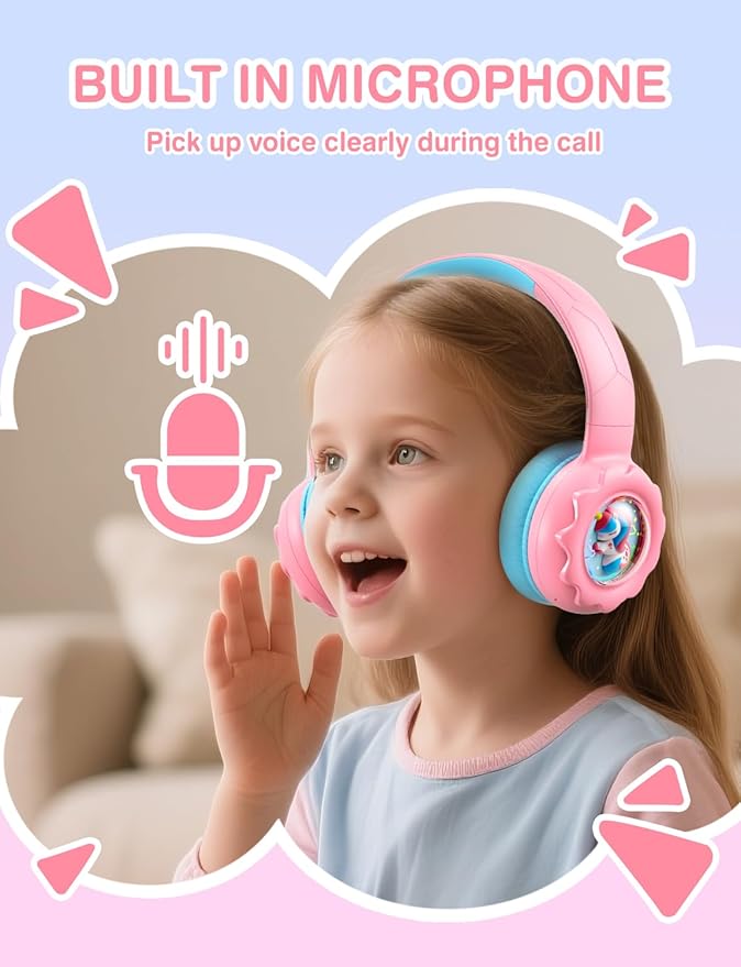 Kids Bluetooth Headphones, Rainbow LED Light, Unicorn Buddy, 85dB Volume Limited, 60 Hours Playtime, Bluetooth 5.3, USB C, Kids Wireless Headphones for iPad/Tablet/Travel/School, Durable