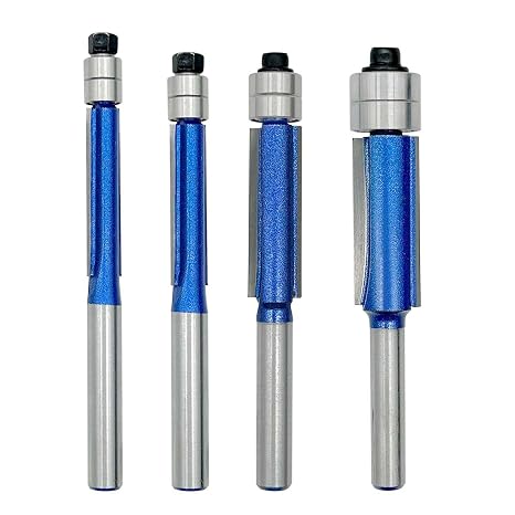 4Pcs Top Double Bearing Flush Trimming Router Bits Set, 1/4 Inch Shank Bottom Bearing Straight Flush Trim Router Bits Set for Woodworking,1/4", 5/16", 3/8", 1/2" Cutting Diameter