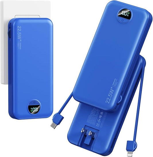 12000mAh Ultra-Portable-Charger-Power-Bank with Built in Cables&AC Wall Plug,PD20W USB-C Fast Charging Cell Phone Charger Battery Pack,LED Display Travel Battery Bank for All iPhone,Samsung,Android