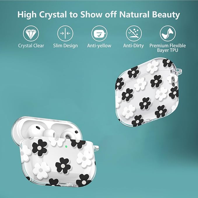 for Airpods Pro 3 Case Clear,Cute Black Floral Design for Airpods Pro 3 Case Cover,Shockproof Soft TPU Skin Accessories with Girly Flower Keychain&Cleaning Pen for Women Girls