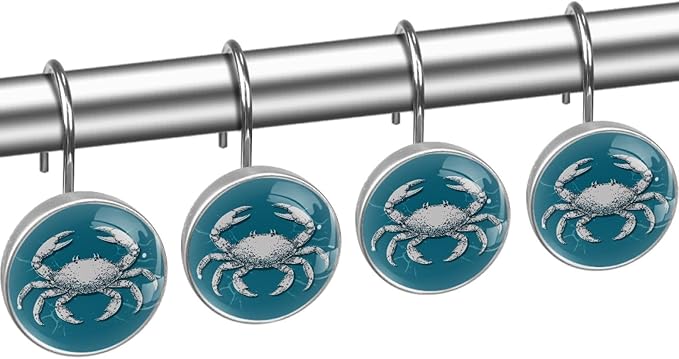 Nautical Abstract Crab Shower Curtain Hooks 12Pcs, Decorative Rust Resistant Shower Rings for Shower Curtain Rods, Stainless Steel Round Curtain Hooks for Bathroom, Bedroom, Farmhouse