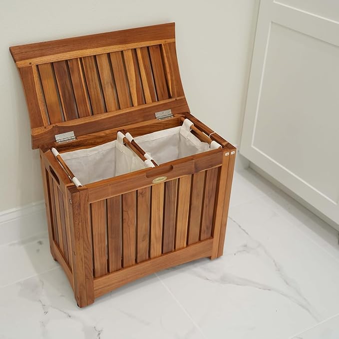 DecoTeak Solid Hamper in Natural Teak, Solid Bench in Natural Teak, 23 inch W x 12.5 inch D x 18.5 inch H