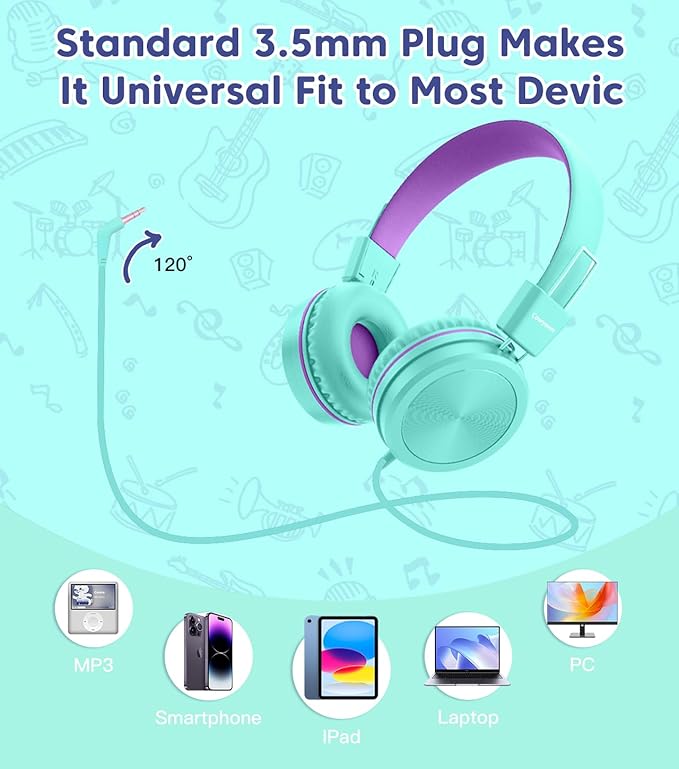 Kids Headphones, Toddler Headphone with Safe Volume Limiter 94dB, Wired School Headphones for Kid, 3.5mm Adjustable On-Ear Headphone for Boys/Girls/Children/Teens/iPad/Computer, Purple Green