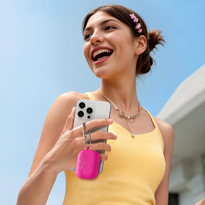 Hamile for AirPods Pro 2nd Generation Case with Cleaner Kit & Keychain, Cute Flower Engraved Soft Silicone Protective AirPods Pro Case Cover for Apple AirPods Pro Case 2nd/1st Generation, Rose Pink