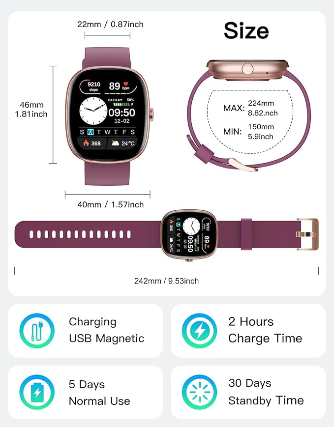 Fitness Tracker with Call Function, 1.85” Fitness Watch for Women and Men, 24/7 Heart Rate & Blood Oxygen Monitor, Sleep Tracker, 100+ Sport Modes, IP68 Waterproof (Purple)