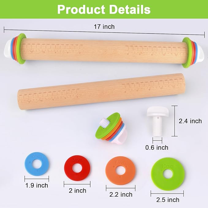 Wood Rolling Pin with Thickness Rings, Adjustable Wooden Rolling Pins for Baking, Adjustable Rolling Pins for Baking, Stainless Steel Rolling Pin with Thickness Rings, Metal Dough Roller for Fondant