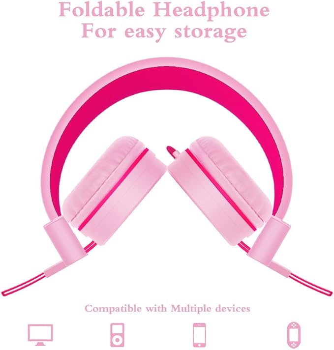 ELECDER i37 Kids Headphones Children Girls Boys Teens Foldable Adjustable On Ear Headphones 3.5mm Jack Compatible Cellphones Computer MP3/4 Kindle School Tablet Rose/Pink