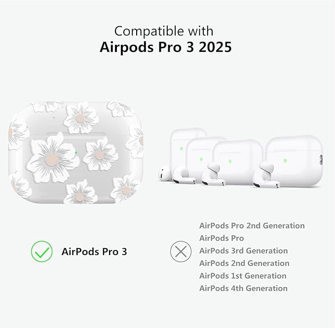 for Airpods pro 3 Case Clear,Cute White Camellia Design for Airpods pro 3 Case Cover,Shockproof Soft TPU Skin Accessories with Girly Flower Keychain&Cleaning Pen for Women Girls-Clear