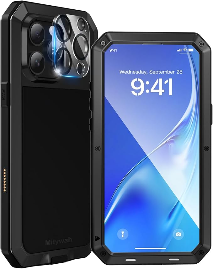Mitywah Metal Case for iPhone 16 Pro Max, Heavy Duty Rugged Phone Case Built-in 9H Temperd Screen Protector,Military Grade Full Body Protective Dual Layer Bumper Protective Case for 16 Pro Max Black