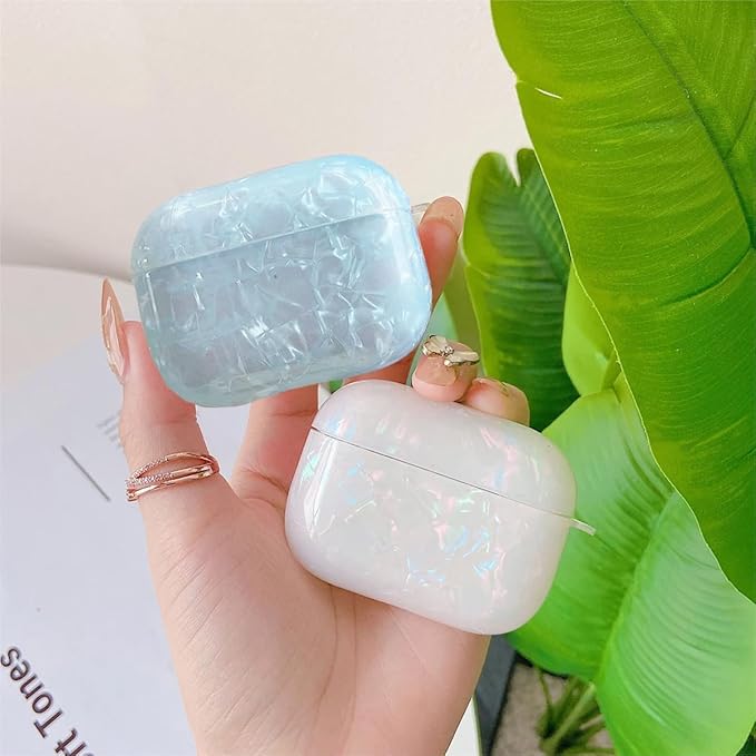 for Cute Glitter Airpods Pro/Pro 2 Gen Case with Cleaner Pen, Shell Pattern iPod Pro 2nd/1st Generation Cover Protective Skin Girl Women with Luxury Pearl Keychain 2023/2022/2019 - Blue