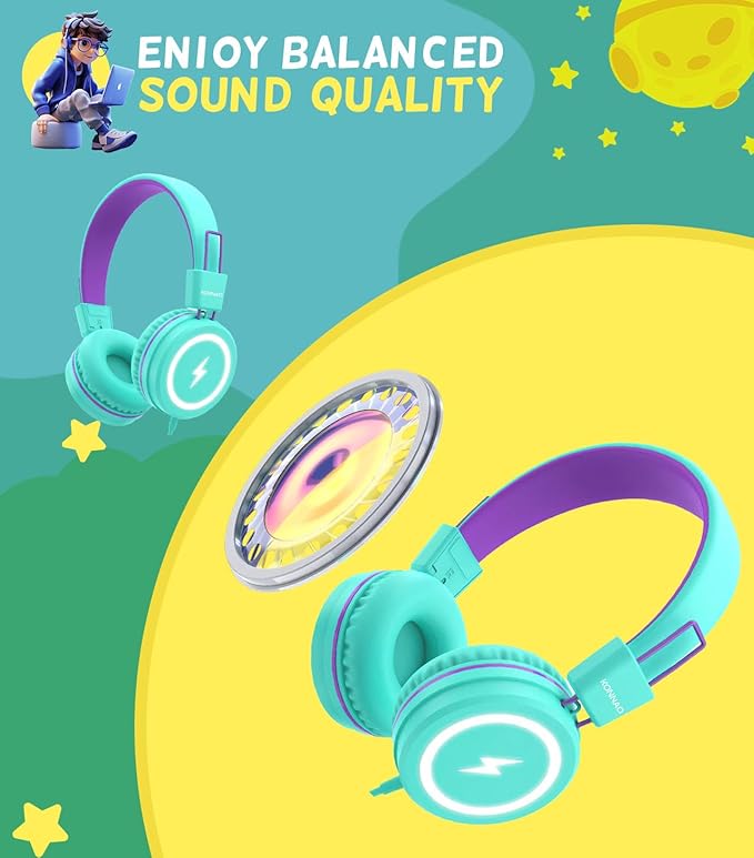 Kid Headphones for School, USB Type C Kids Headphone with LED Lights, Wired Boys Girls Headphones with Safe Limiter 85dB/94dB, Foldable On Ear Headphones with Microphones for School/iPad, Green